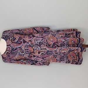 Denim & Co Canyon Retreat Long Sleeve Navy Paisley Midi Dress L